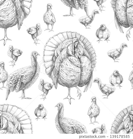 A seamless pattern with a turkey, a hen, and turkey poults. This pencil illustration is suitable for designs in the fields of livestock farming, agriculture, poultry, menus, restaurants, and labels. A seamless pattern with a turkey, a hen, and turkey poults. This pencil illustration is suitable for designs in the fields of livestock farming, agriculture, poultry, menus, restaurants, and labels. 139178585