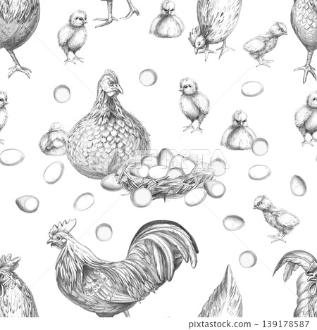 A seamless pencil pattern with a hen, eggs, chicks, and a rooster. The illustration is suitable for designs in the fields of livestock farming, agriculture, poultry, menus, restaurants, and labels. 139178587