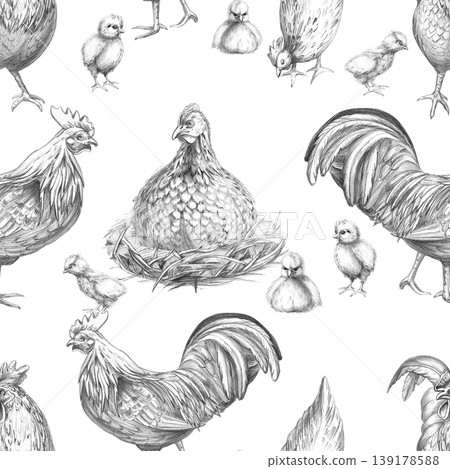 A seamless pencil pattern with a hen, chicks, and a rooster. This illustration is suitable for designs in the fields of livestock farming, agriculture, poultry, menus, restaurants, and labels. 139178588