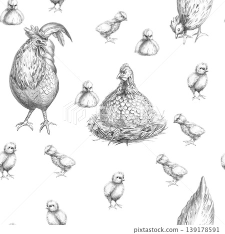 A seamless pencil pattern with a rooster, hens, and chicks. This isolated illustration is suitable for livestock, farming, agriculture, poultry, menus, restaurants, and labels. A seamless pencil pattern with a rooster, hens, and chicks. This isolated illustration is suitable for livestock, farming, agriculture, poultry, menus, restaurants, and labels. 139178591