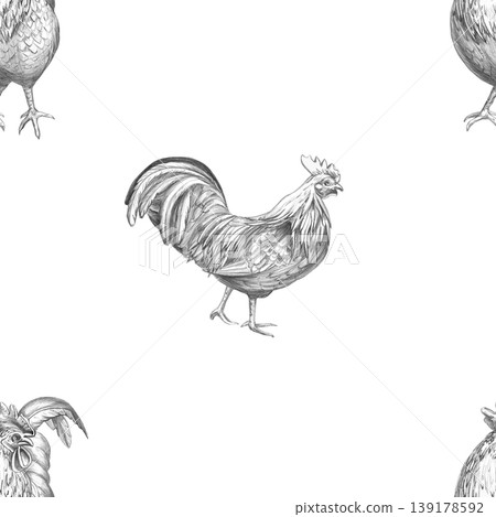 A seamless pattern featuring an elegant rooster, drawn in pencil. The illustration is suitable for designs in the fields of livestock, farming, agriculture, poultry, menus, restaurants, and labels. A seamless pattern featuring an elegant rooster, drawn in pencil. The illustration is suitable for designs in the fields of livestock, farming, agriculture, poultry, menus, restaurants, and labels. 139178592