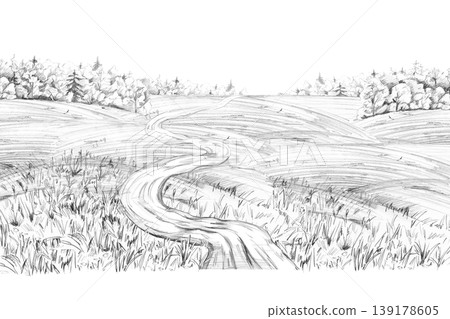 A winding country road among hills and forests. This isolated pencil illustration is suitable for design in the fields of transportation, travel, ecology, agriculture, education, and business. A winding country road among hills and forests. This isolated pencil illustration is suitable for design in the fields of transportation, travel, ecology, agriculture, education, and business. 139178605