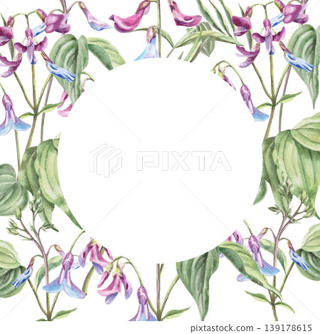 A round frame of delicate forest flowers and Lathyrus vernus leaves. This isolated watercolor illustration is perfect for wedding card designs, textiles, nature websites, and eco-themed designs. 139178615