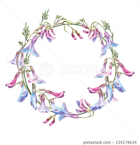 A wreath of delicate forest flowers and Lathyrus vernus leaves. This isolated watercolor illustration is perfect for wedding card designs, textiles, nature websites, and eco-themed projects. A wreath of delicate forest flowers and Lathyrus vernus leaves. This isolated watercolor illustration is perfect for wedding card designs, textiles, nature websites, and eco-themed projects. 139178634
