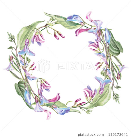 A wreath of delicate forest flowers (Lathyrus vernus). This isolated watercolor illustration is perfect for postcards, textiles, nature websites, and eco-themed designs. A wreath of delicate forest flowers (Lathyrus vernus). This isolated watercolor illustration is perfect for postcards, textiles, nature websites, and eco-themed designs. 139178641