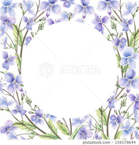 A round frame of bouquets of delicate wild forest forget-me-nots. This isolated watercolor illustration is perfect for postcards, textiles, nature websites, and eco-themed designs. A round frame of bouquets of delicate wild forest forget-me-nots. This isolated watercolor illustration is perfect for postcards, textiles, nature websites, and eco-themed designs. 139178644