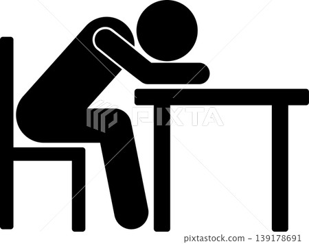 A pictogram of a tired businessman slumped over his desk. A pictogram of a tired businessman slumped over his desk. 139178691