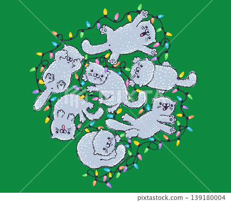 Vector illustration of cute kawaii cats with garland. Vector cats for Christmas design. Vector illustration of cute kawaii cats with garland. Vector cats for Christmas design. 139180004