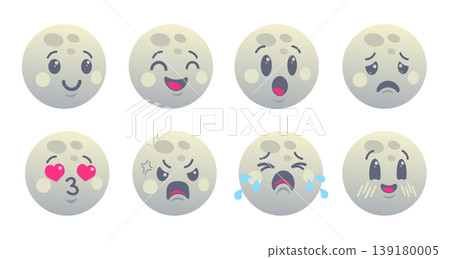 Vector set of moon emoji in cute kawaii flat design style. Vector moon cartoons in flat style. Different moods. Vector set of moon emoji in cute kawaii flat design style. Vector moon cartoons in flat style. Different moods. 139180005