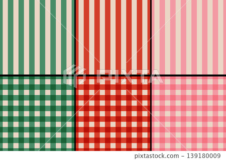 Vector set of retro classic geometric patterns for Christmas and New year. Vintage seamless gingham, plaid and striped patterns for winter holidays. Vector set of retro classic geometric patterns for Christmas and New year. Vintage seamless gingham, plaid and striped patterns for winter holidays. 139180009