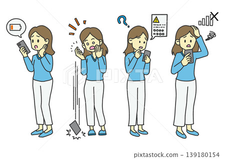 A set of color illustrations of women who are troubled by their smartphones. 139180154