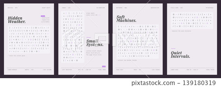 Minimal editorial poster collection featuring abstract code patterns, quiet data marks and refined typography in soft lavender tones. Contemporary vector layouts for posters, covers, stationery. Minimal editorial poster collection featuring abstract code patterns, quiet data marks and refined typography in soft lavender tones. Contemporary vector layouts for posters, covers, stationery. 139180319