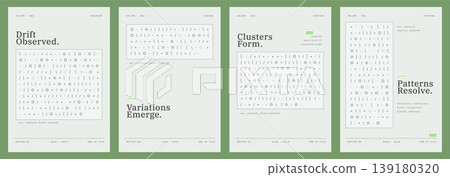 Algorithmic poster set featuring abstract code patterns, generative vibes and minimal typography in soft green colors. Contemporary vector layouts for system diagrams, covers, posters and creative gra Algorithmic poster set featuring abstract code patterns, generative vibes and minimal typography in soft green colors. Contemporary vector layouts for system diagrams, covers, posters and creative gra 139180320