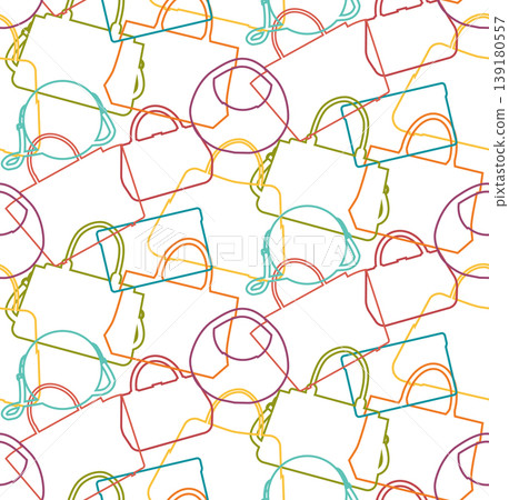 Vector seamless pattern with colorful contour silhouette of bags on white background. Fashionable texture with outline purses and clutches Vector seamless pattern with colorful contour silhouette of bags on white background. Fashionable texture with outline purses and clutches 139180557