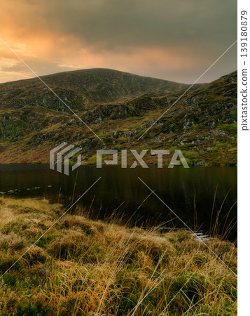 This wide view of a natural lake shows dark water reflecting heather-covered slopes. In the foreground, dry golden grass covers the shoreline under a bright sky. 139180879