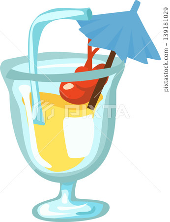 summer beverage concept.  tropical cocktail drink with cherry garnish straw and umbrella illustration 139181029