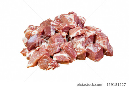 Raw pork meat , cut into small cubes isolated on white Raw pork meat , cut into small cubes isolated on white 139181227