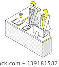 An isometric line drawing illustration of two female staff members waiting for customers at an L-shaped reception counter. 139181582