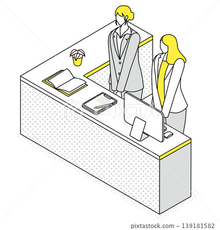 An isometric line drawing illustration of two female staff members waiting for customers at an L-shaped reception counter. An isometric line drawing illustration of two female staff members waiting for customers at an L-shaped reception counter. 139181582