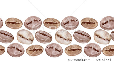 Watercolor coffee beans seamless border. Hand drawn roasted seeds horizontal background for cafe menu design, organic packaging and coffee shop branding. Isolated botanical illustration on white. Watercolor coffee beans seamless border. Hand drawn roasted seeds horizontal background for cafe menu design, organic packaging and coffee shop branding. Isolated botanical illustration on white. 139181631