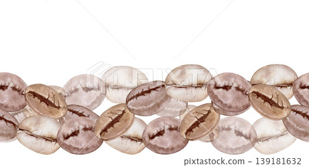 Watercolor coffee beans seamless border. Hand drawn  illustration roasted seeds horizontal background. Coffee berries for cafe menu design, coffee packaging and shop branding.  139181632