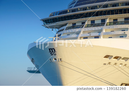 Sir Bani Yas island, United Arab Emirates - Jan 11 2024, Panoramic view of the MSC Virtuosa cruise ship bow, Sir Bani Yas, Abu Dhabi, United Arab Emirates Sir Bani Yas island, United Arab Emirates - Jan 11 2024, Panoramic view of the MSC Virtuosa cruise ship bow, Sir Bani Yas, Abu Dhabi, United Arab Emirates 139182260
