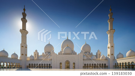 Abu Dhabi, United Arab Emirates - Jan 10 2024, panoramic view, Sheikh Zayed Grand Mosque in Abu Dhabi, the capital city of United Arab Emirates 139183030