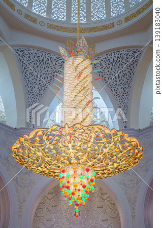 Abu Dhabi, United Arab Emirates - Jan 10 2024, View of the giant chandelier inlaid with Swarovski crystals on the ceiling of the Grand Mosque of Sheikh Zayed, Abu Dhabi, United Arab Emirates Abu Dhabi, United Arab Emirates - Jan 10 2024, View of the giant chandelier inlaid with Swarovski crystals on the ceiling of the Grand Mosque of Sheikh Zayed, Abu Dhabi, United Arab Emirates 139183040