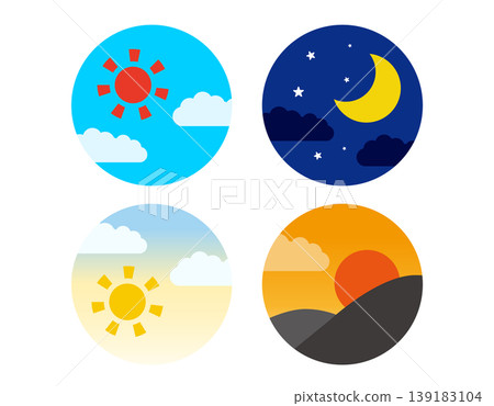 A set of illustrations for morning, noon, evening, and night. A set of illustrations for morning, noon, evening, and night. 139183104