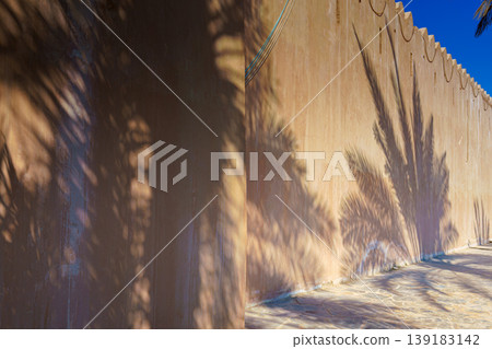 Abu Dhabi, United Arab Emirates, View of the stone wall on which the shadows of palm trees fall, at daytime Abu Dhabi, United Arab Emirates, View of the stone wall on which the shadows of palm trees fall, at daytime 139183142