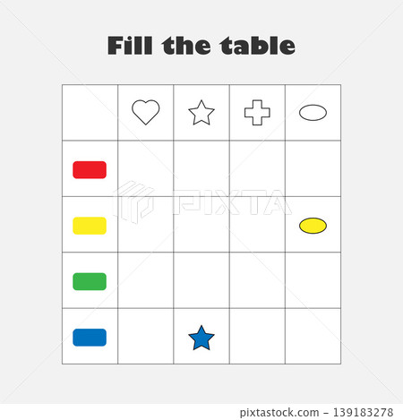 Fill the table with colorful geometric shapes for children, fun education game for kids, preschool worksheet activity, task for the development of logical thinking, vector illustration Fill the table with colorful geometric shapes for children, fun education game for kids, preschool worksheet activity, task for the development of logical thinking, vector illustration 139183278