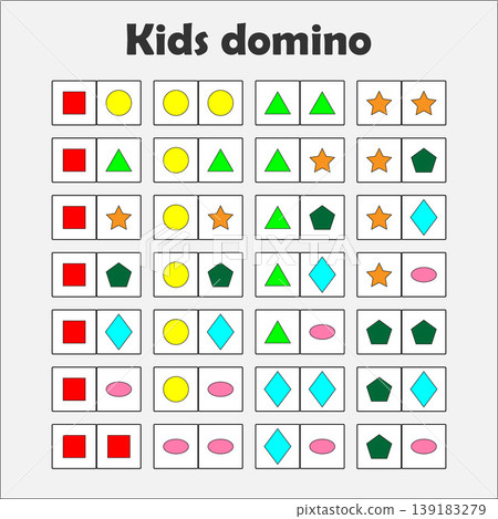 Domino game with pictures geometric shapes for children, fun education game for kids, preschool activity, task for the development of thinking, vector illustration Domino game with pictures geometric shapes for children, fun education game for kids, preschool activity, task for the development of thinking, vector illustration 139183279