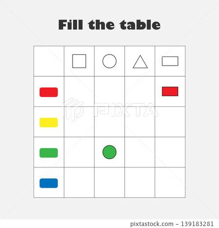 Fill the table with colorful geometric shapes for children, fun education game for kids, preschool worksheet activity, task for the development of logical thinking, vector illustration Fill the table with colorful geometric shapes for children, fun education game for kids, preschool worksheet activity, task for the development of logical thinking, vector illustration 139183281