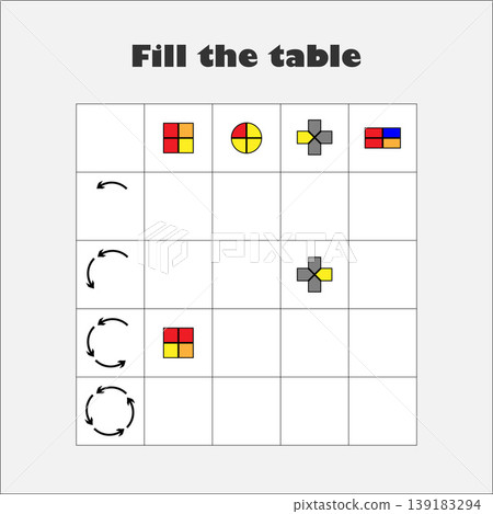 Fill the table with colorful geometric shapes for children, turn the shapes,fun education game for kids, preschool worksheet activity, task for the development of logical thinking, vector illustration Fill the table with colorful geometric shapes for children, turn the shapes,fun education game for kids, preschool worksheet activity, task for the development of logical thinking, vector illustration 139183294