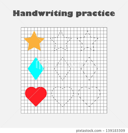 Handwriting practice sheet, kids preschool activity, educational children game, printable worksheet, writing training, geometric shapes star, heart, rhombus, vector illustration Handwriting practice sheet, kids preschool activity, educational children game, printable worksheet, writing training, geometric shapes star, heart, rhombus, vector illustration 139183309