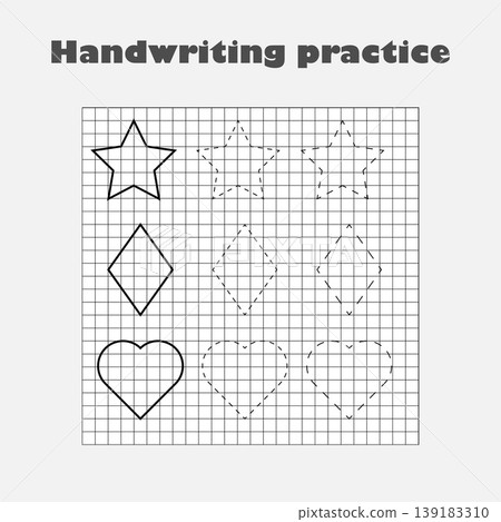 Handwriting practice sheet, kids preschool activity, educational children game, printable worksheet, writing training, black white geometric shapes star, heart, rhombus, vector illustration 139183310