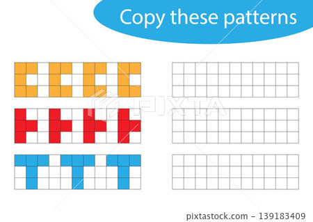 Copy these patterns, pixel art, drawing skills training, educational paper game for the development of children, kids preschool activity, printable worksheet, vector illustration Copy these patterns, pixel art, drawing skills training, educational paper game for the development of children, kids preschool activity, printable worksheet, vector illustration 139183409