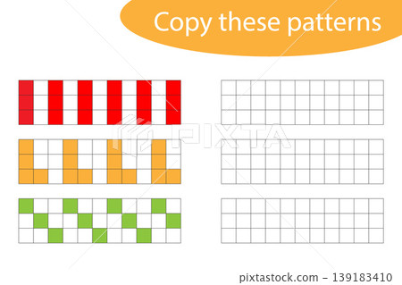 Copy these patterns, pixel art, drawing skills training, educational paper game for the development of children, kids preschool activity, printable worksheet, vector illustration 139183410