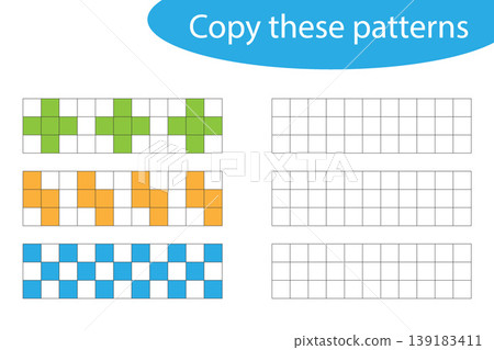 Copy these patterns, pixel art, drawing skills training, educational paper game for the development of children, kids preschool activity, printable worksheet, vector illustration Copy these patterns, pixel art, drawing skills training, educational paper game for the development of children, kids preschool activity, printable worksheet, vector illustration 139183411