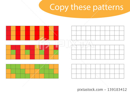 Copy these patterns, pixel art, drawing skills training, educational paper game for the development of children, kids preschool activity, printable worksheet, vector illustration 139183412