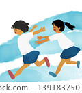 A hand-drawn illustration of two girls running and feeling the wind. 139183750