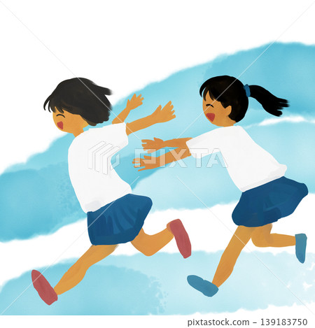 A hand-drawn illustration of two girls running and feeling the wind. A hand-drawn illustration of two girls running and feeling the wind. 139183750