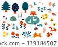 A set of cute hand-drawn illustrations of forests and animals. 139184507