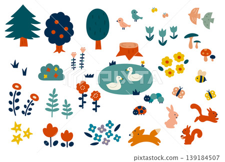 A set of cute hand-drawn illustrations of forests and animals. 139184507