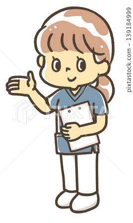 A woman wearing a navy blue medical uniform is giving directions. A woman wearing a navy blue medical uniform is giving directions. 139184999