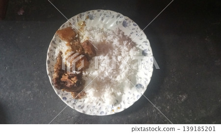 Home Style Chicken Potato Curry with Rice on Floral Ceramic Plate 139185201