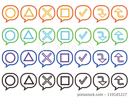 Colorful symbol icons with speech bubbles - line art, white fill - set - circles, triangles, crosses Colorful symbol icons with speech bubbles - line art, white fill - set - circles, triangles, crosses 139185227