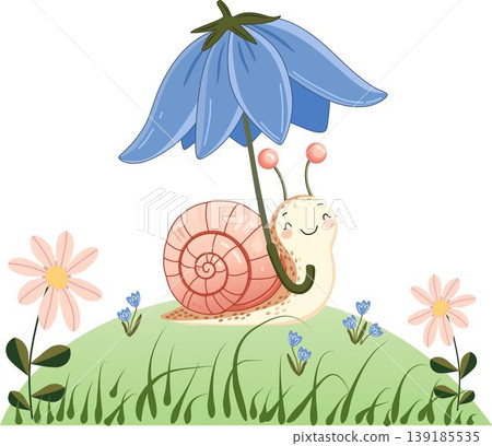 en this adorable vector illustration features a smiling snail with a pink shell protecting itself from the rain with a flower. perfect for children nursery decor books and posters. en this adorable vector illustration features a smiling snail with a pink shell protecting itself from the rain with a flower. perfect for children nursery decor books and posters. 139185535