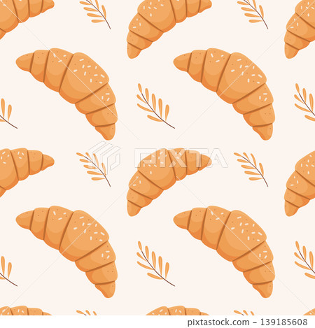 Seamless croissant pastry pattern with wheat elements on light background. Seamless croissant pastry pattern with wheat elements on light background. 139185608
