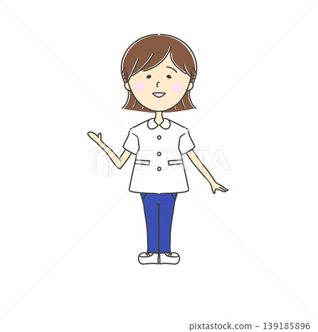 護理師講解指令的插圖 / 右手引導 / 張嘴 / 全身像 / 正面圖 護理師講解指令的插圖 / 右手引導 / 張嘴 / 全身像 / 正面圖 139185896